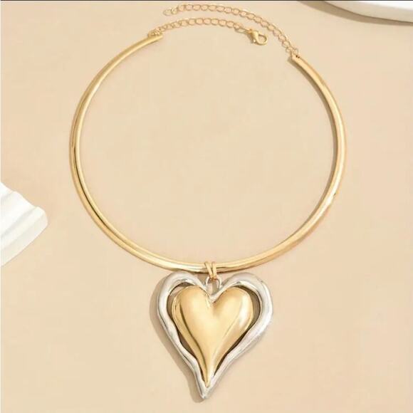 Boho Gold Silver Heart Charm Statement Pendant Necklace - Picture 4 of 6